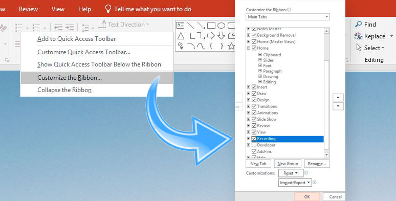 Customize PowerPoint recording ribbon